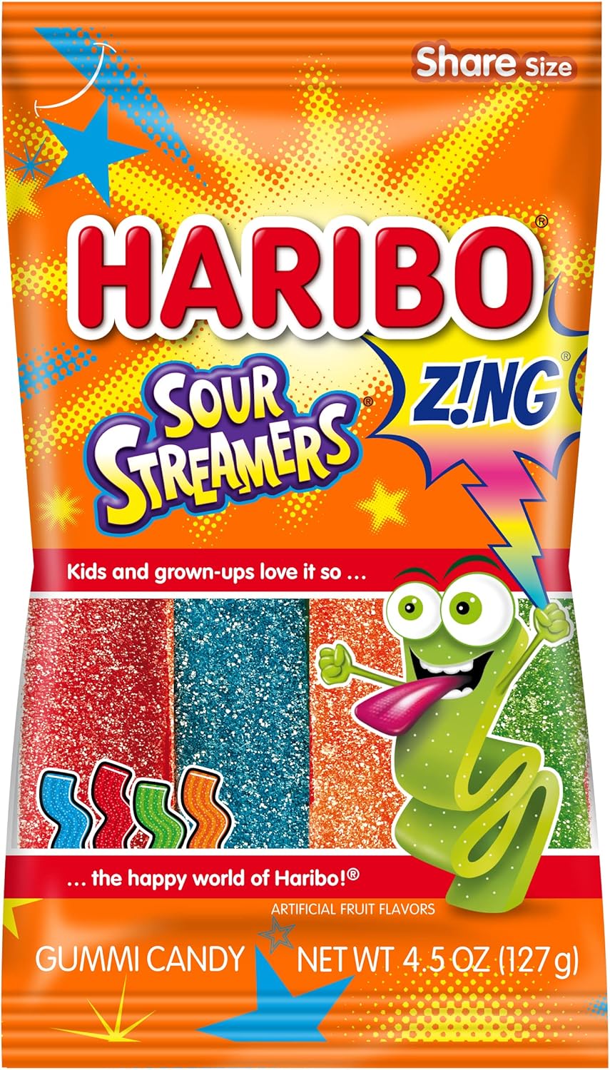 HARIBO Gummi Candy, Z!NG Sour Streamers Gummy Candy, 4.5 Ounce Share Size Bags (Pack of 12) Delicious Soft & Chewy Snacks, Assorted Fruity Flavors
