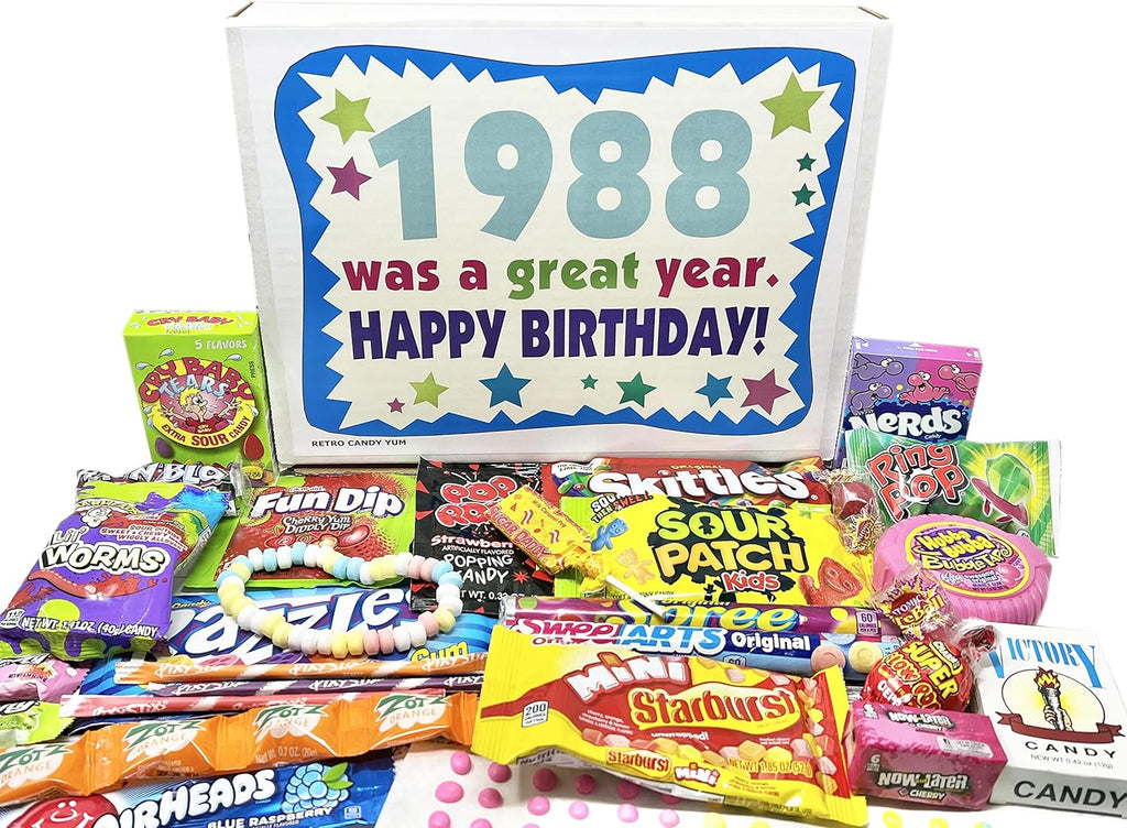 RETRO CANDY YUM ~ 1988 38th Birthday Gift Box of Nostalgic Candy from Childhood for 38 Year Old Man or Woman Born 1988
