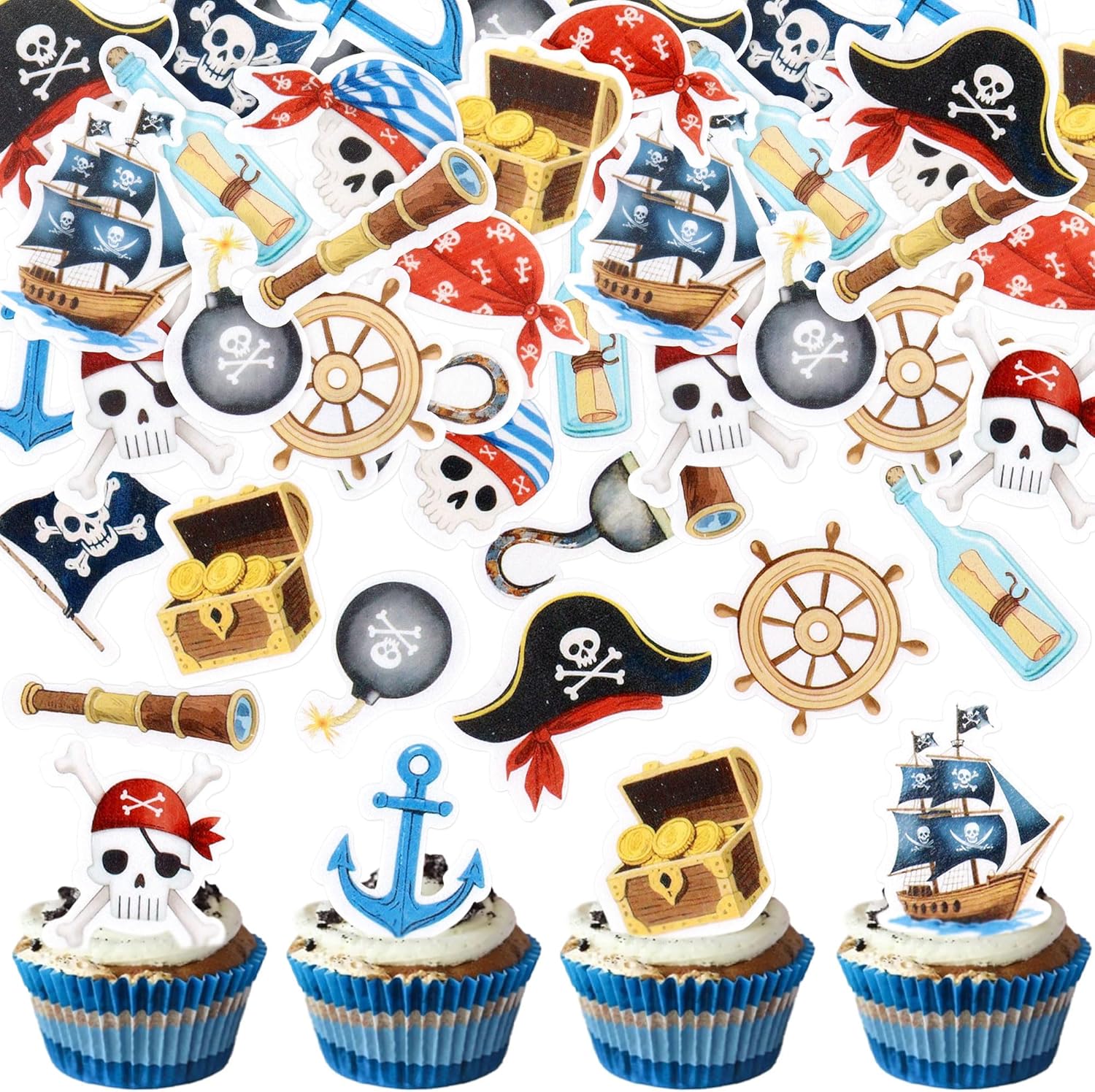 52Pcs Edible Pirate Cupcake Toppers Corsair Ship Captain Cupcake Picks for Nautical Sailing Cupcake Decorations Baby Shower Kids Pirate Birthday Cupcake Cake Decorations Supplies