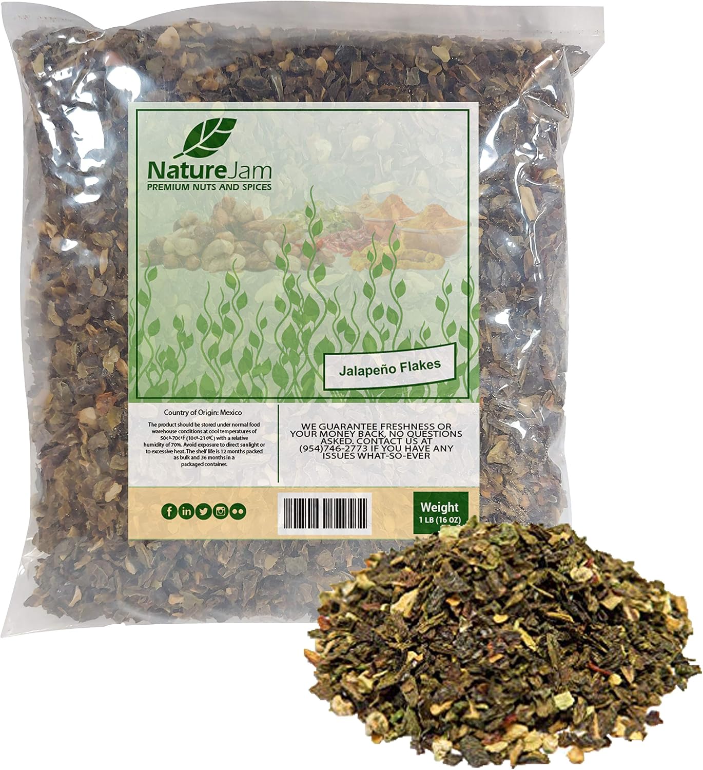 Dried Hot Jalapeno Pepper Flakes - Dehydrated Washed Diced & Dried (1 Pound) 16 OZ With LOTS OF SEEDS