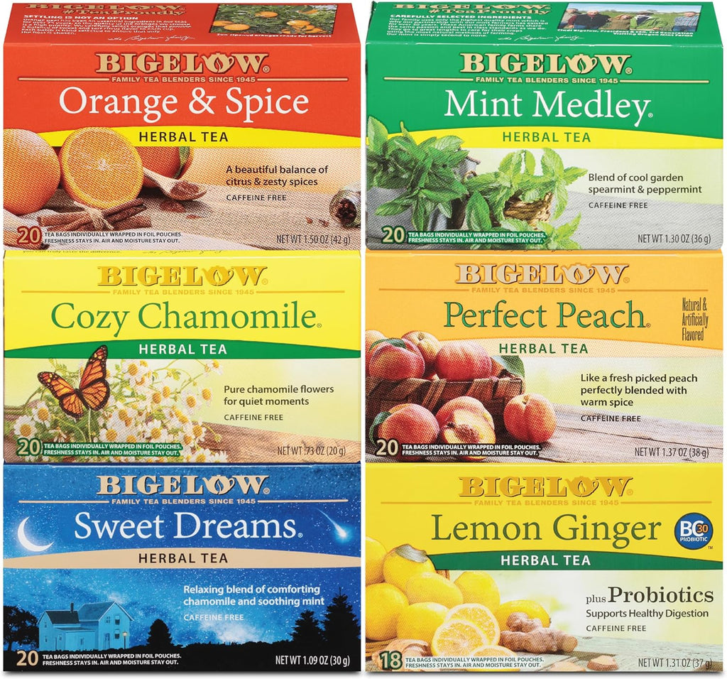 Bigelow Tea Caffeine Free 6 Flavor Herbal Tea Variety Pack, Decaf Tea with Mint Medley, Cozy Chamomile, Orange and Spice, Sweet Dreams, Perfect Peach, and Lemon Ginger, (Pack of 6), 118 Total Tea Bags