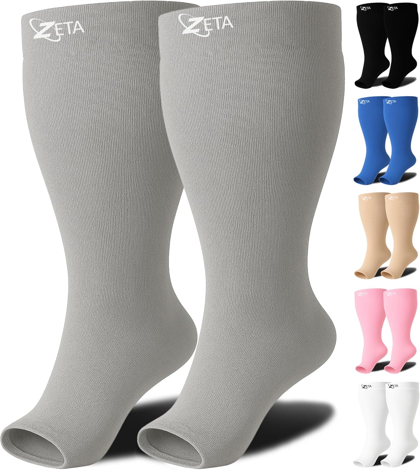 Zeta Wear Plus Size Open Toe Compression Socks 15-19 mmHg - Wide Calf Support for Men & Women