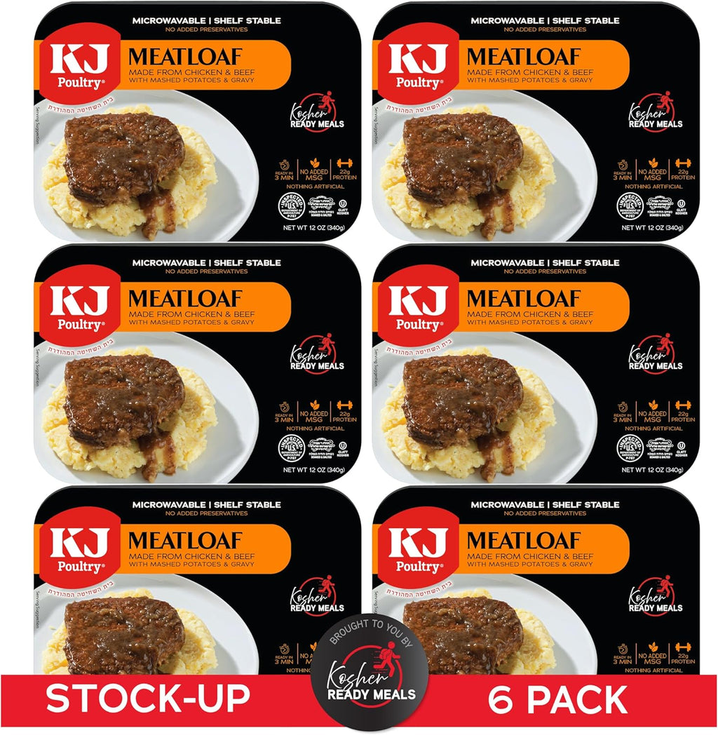 KJ Poultry Kosher Ready Meals - Meatloaf & Mashed Potato, MRE Meals Ready to Eat (6 Pack) Prepared Entree Fully Cooked, Shelf Stable Microwave Dinner Travel, Military, Camping, Emergency Survival