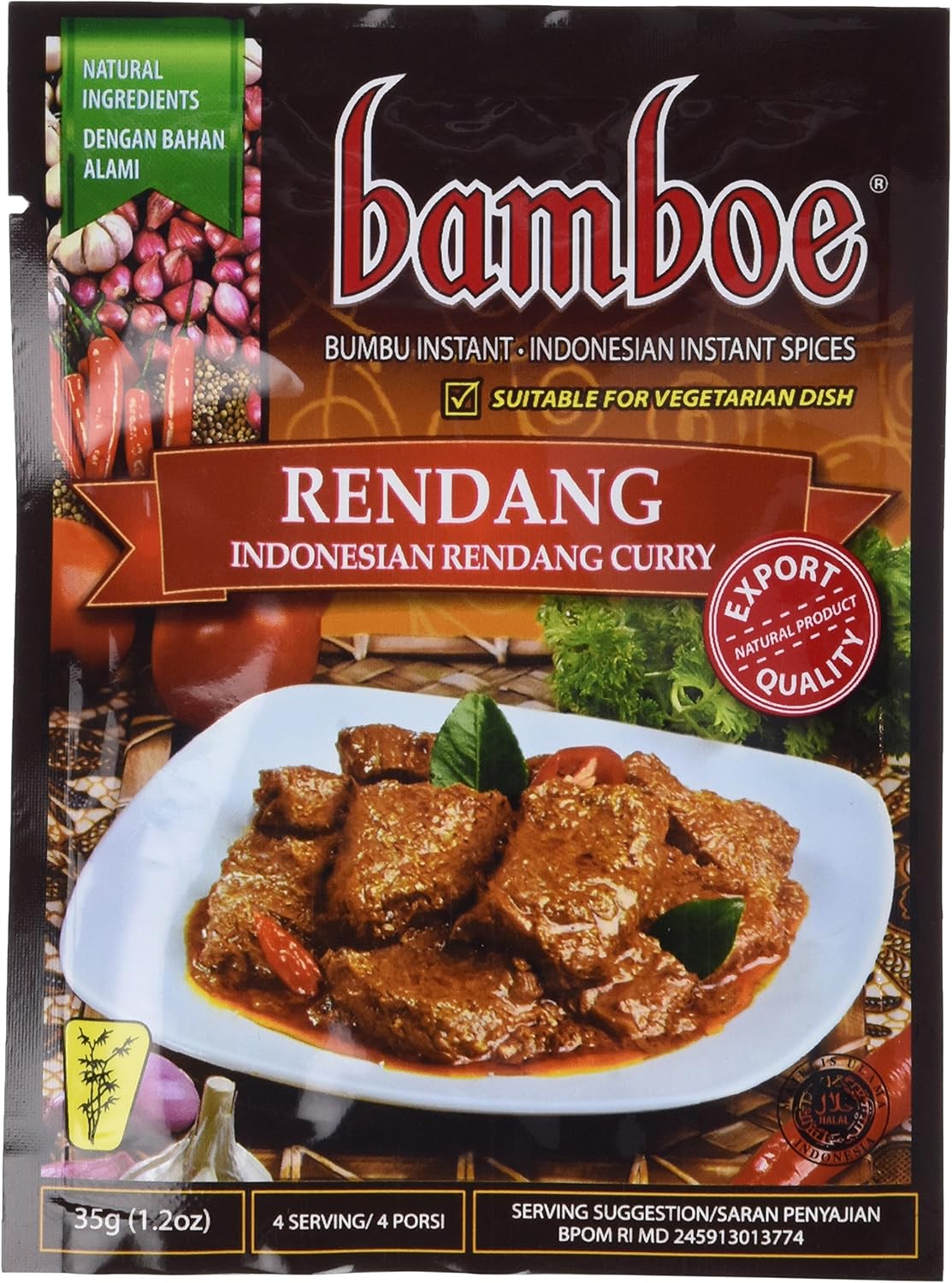 bamboe - RENDANG - INDONESIAN DRY CURRY PASTE - INDONESIAN INSTANT SPICES - 6 x 1.2 OZ /36 g - Product of Indonesia by Bamboe