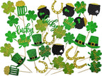 36 pcs St Patrick's Day Cupcake Toppers, Green Glitter Shamrock Four Leaf Clover Horseshoe Hat for St Patrick's Day Theme Baby Shower Birthday Party Supplies