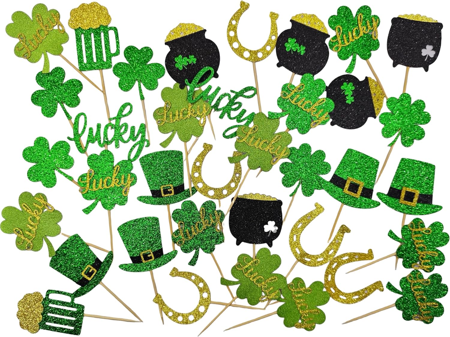36 pcs St Patrick's Day Cupcake Toppers, Green Glitter Shamrock Four Leaf Clover Horseshoe Hat for St Patrick's Day Theme Baby Shower Birthday Party Supplies