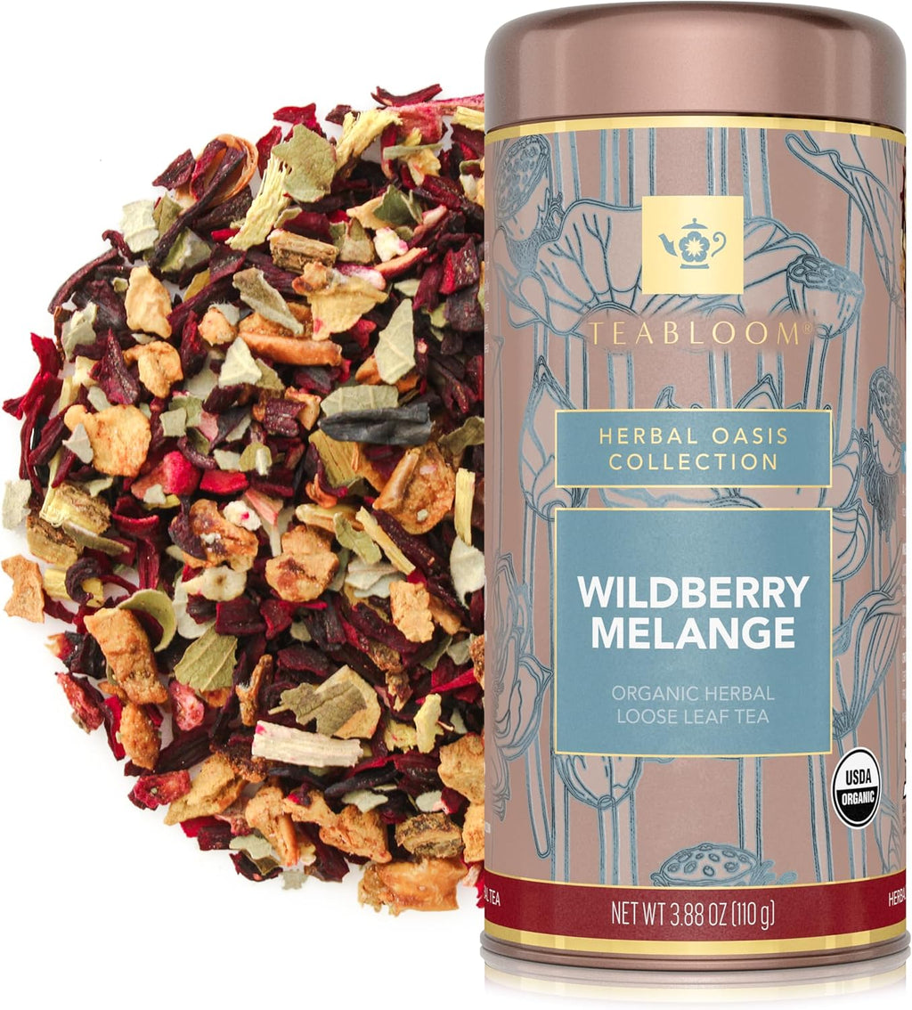 Teabloom Organic Herbal Tea, Wildberry Mélange Loose Leaf Tea, Berry Flavor Herbal Tea, USDA Organic Certified and Kosher Certified Fruit Tea Blend, 3.88 oz/110 g Canister Makes 35-50 Cups