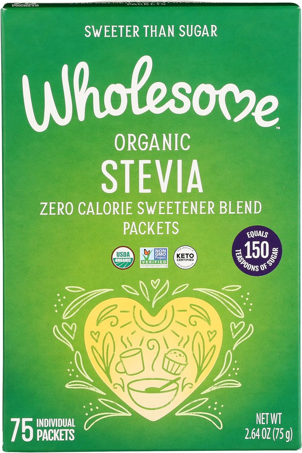 Wholesome Sweeteners Organic Stevia, 75 Count Packets, Zero Calorie Sweetener Blend, Keto Friendly, Non GMO, Gluten Free & Vegan, 1 Pack