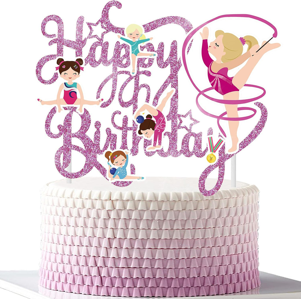 Purple Gymnastics Cake Topper Happy Birthday Sign Cake Decoration Cake Top Hat Sparkling Gymnast Girl Cake Topper Decorations for Gymnast Themed Baby Girl Birthday Party Supplies