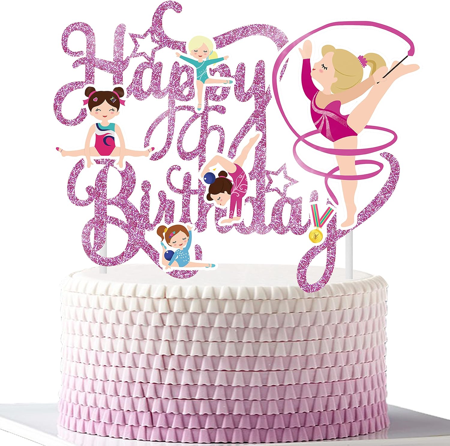 Purple Gymnastics Cake Topper Happy Birthday Sign Cake Decoration Cake Top Hat Sparkling Gymnast Girl Cake Topper Decorations for Gymnast Themed Baby Girl Birthday Party Supplies