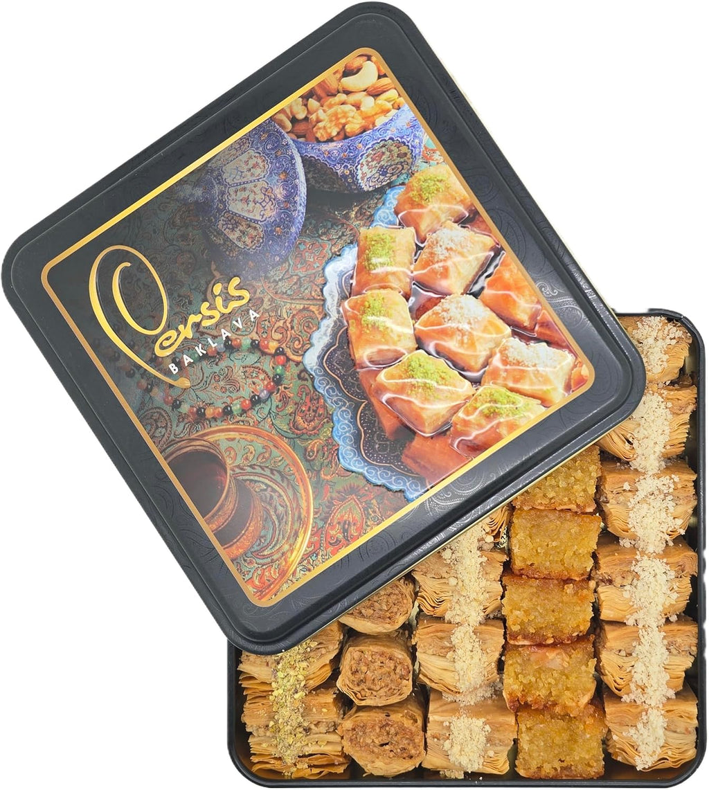 Persis 1.57 Lb (710g) Vegan Baklava Gift Box | Christmas, New Year Sweets | Baklava Pastry with Cashew, Almond, Walnut, Pistachio | Vegan Pastry | Baclava Gift Set in Luxury Embossed Tin (32 Pieces)