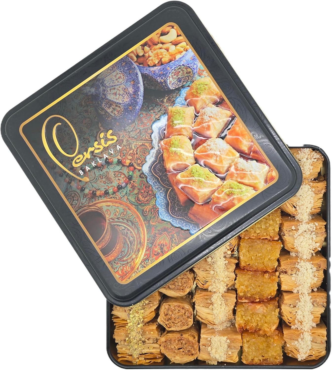 Persis 1.57 Lb (710g) Vegan Baklava Gift Box | Christmas, New Year Sweets | Baklava Pastry with Cashew, Almond, Walnut, Pistachio | Vegan Pastry | Baclava Gift Set in Luxury Embossed Tin (32 Pieces)