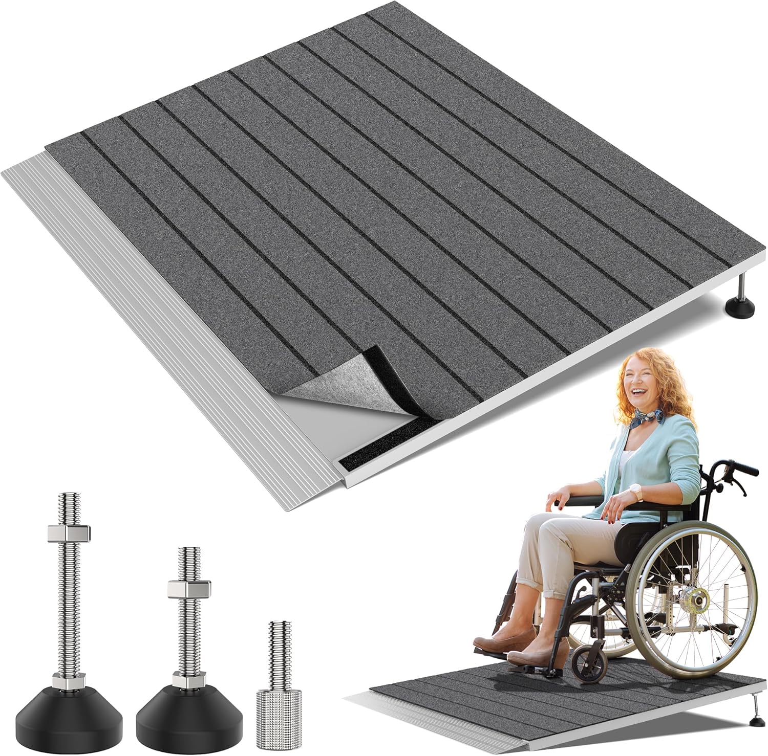 Threshold Ramps for Wheelchairs, Adjustable Height 3"–6.2" and 30"×36" Platform Aluminum Wheelchair Ramp, Door Threshold Ramps with a Non-Slip Thick Door Mat for Scooters, Power Chairs, Cart