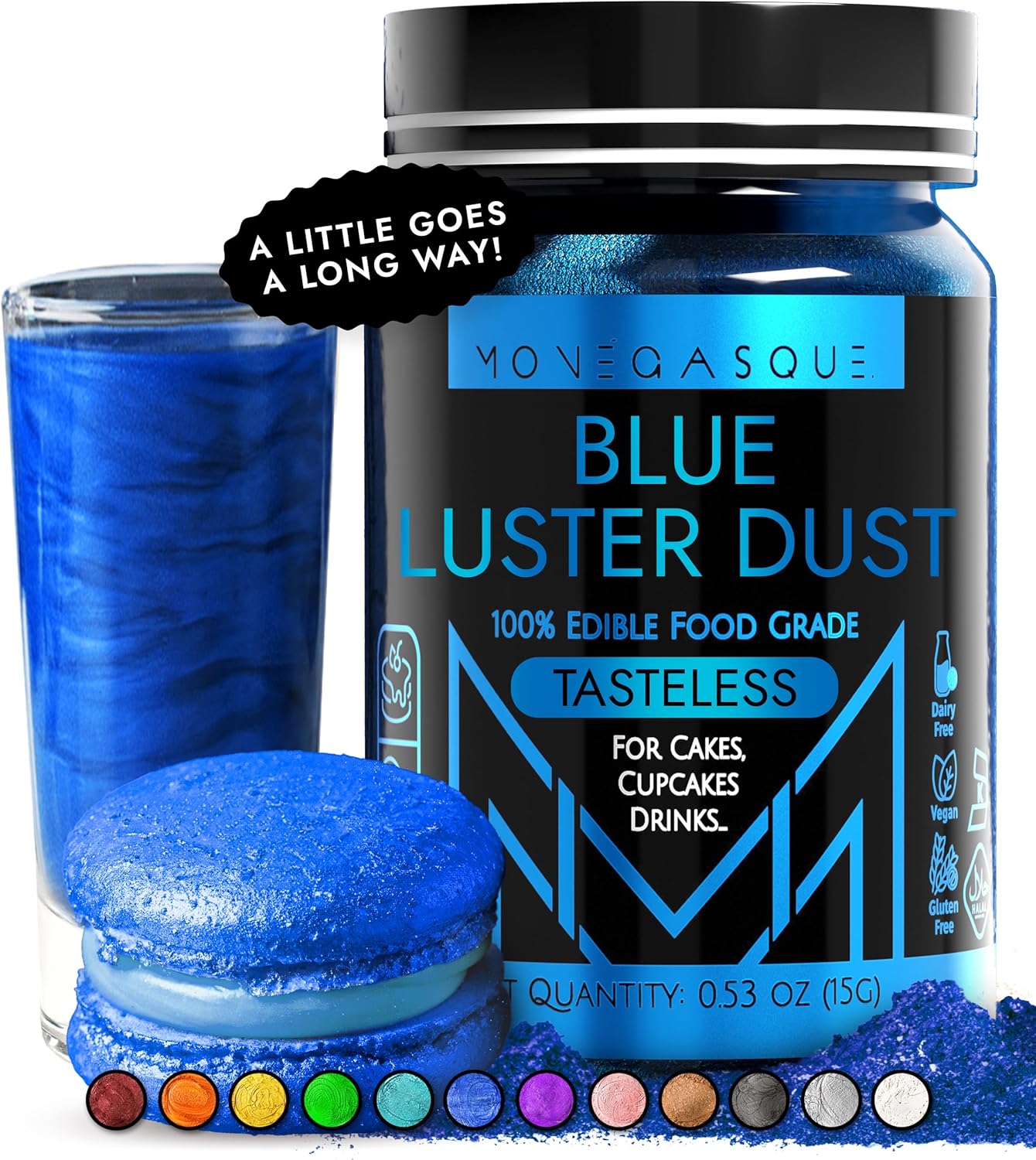 MONÉGASQUE Blue Edible Glitter for Drinks 15g – Edible Glitter for Cakes & Cocktails - Blue Luster Dust for Cocktail, Cake Decorating, & Food Spray - Strawberries & Drink Shimmer Decorations
