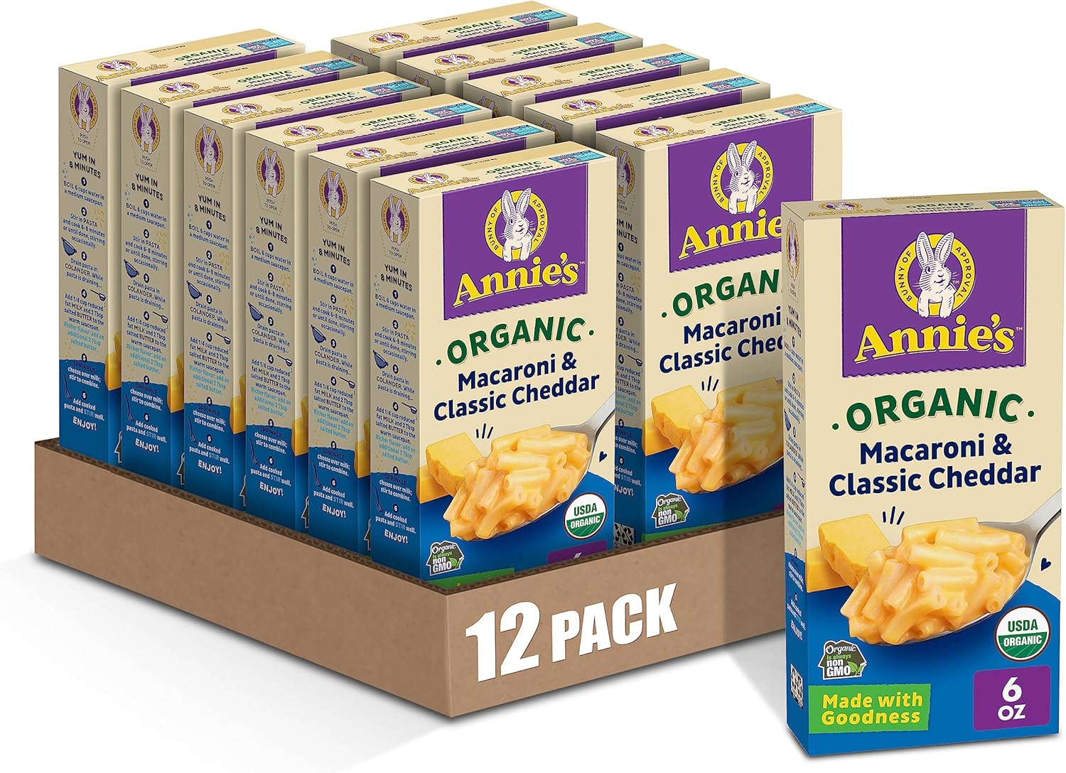 Annie's Organic Macaroni and Classic Cheddar, Made with Real Cheese, 6 oz (Pack of 12)