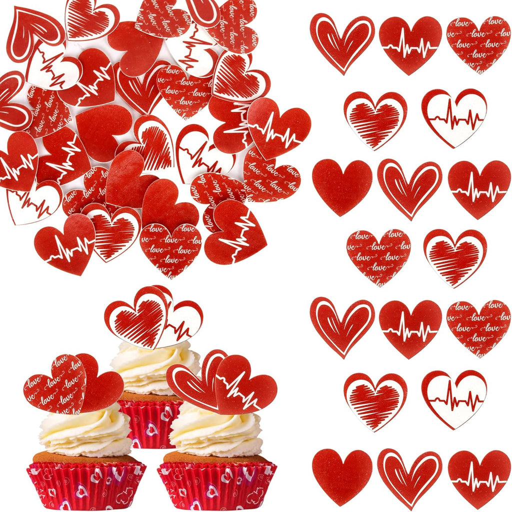 60PCS Edible Heart Cupcake Toppers Wafer Paper Sweet Love Red Heart Cake Decorations Edible Valentine's Day Cupcake Picks for Wedding Engagement Bridal Shower Birthday Valentine's Day Party Supplies