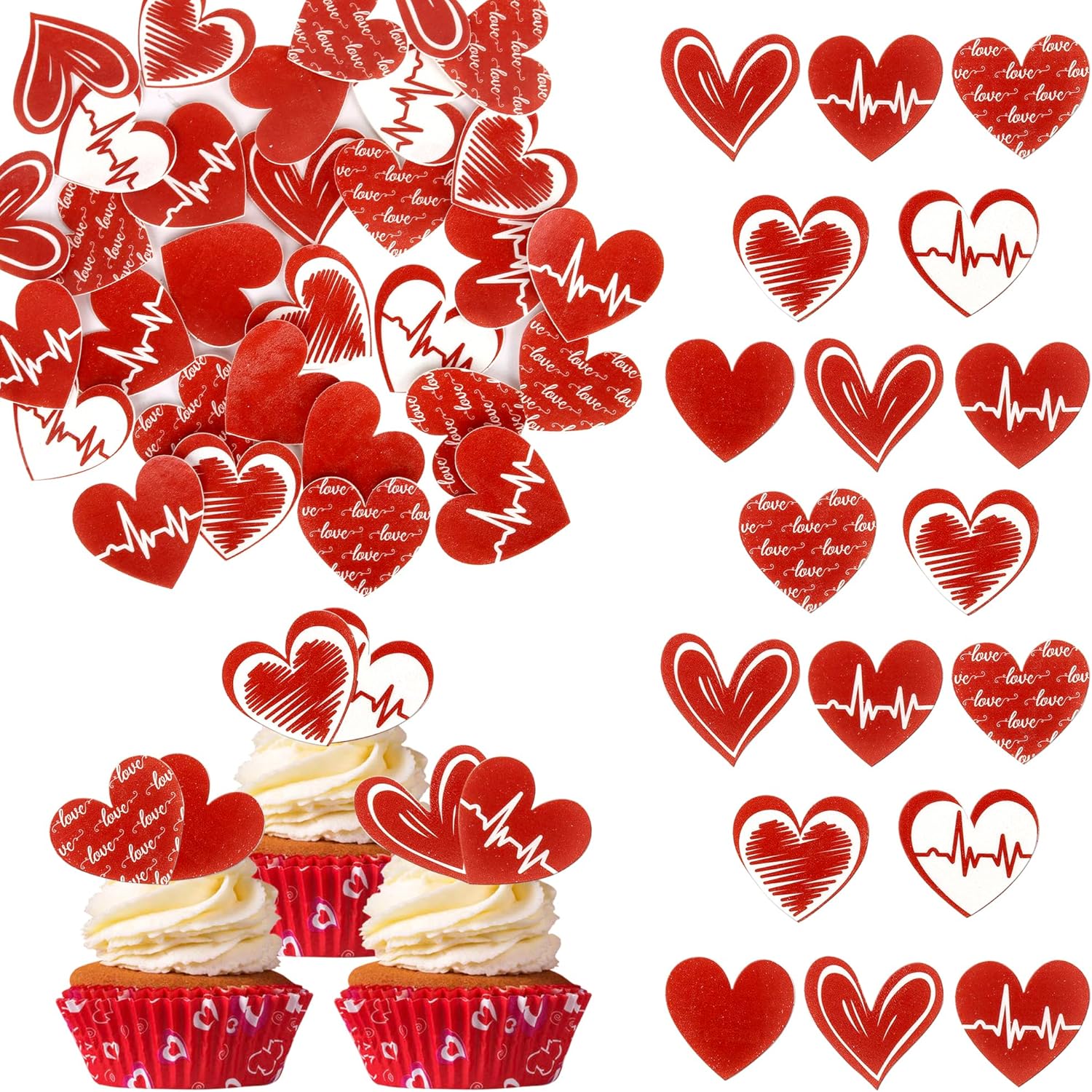 60PCS Edible Heart Cupcake Toppers Wafer Paper Sweet Love Red Heart Cake Decorations Edible Valentine's Day Cupcake Picks for Wedding Engagement Bridal Shower Birthday Valentine's Day Party Supplies