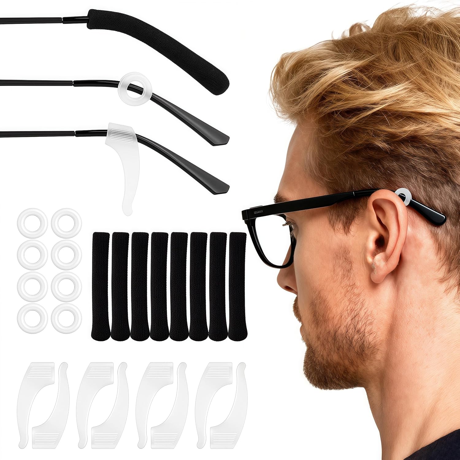 24 PCS(12 Pairs) Glasses Ear Cushion and Grips Set, Include 4 Soft Skin-Friendly Temple Sleeves, 4 Silicone Ear Hooks, 4 Round Invisible Anti-slip Holders for Sports Sunglasses Reading Glasses