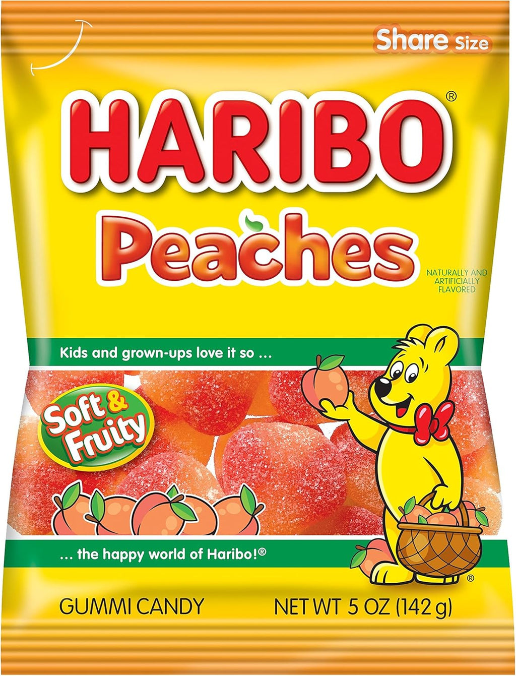 HARIBO Gummi Candy, Peaches Gummy Candy, 5 Ounce Share Size Bags (Pack of 12) Delicious Soft & Chewy Sweet Snacks, Fruity Peach Flavor