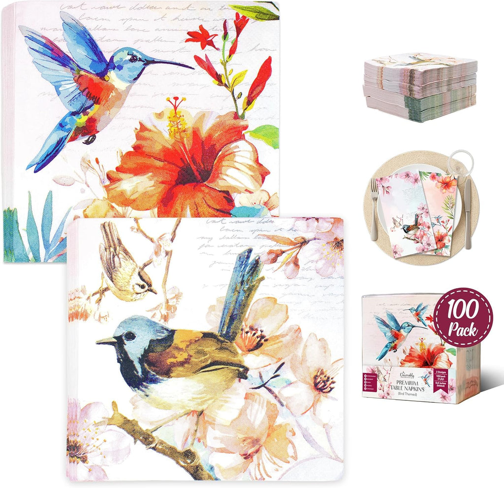 Decorably 100 Pack 3-Ply Disposable Cocktail Bird Napkins for Decoupage - 5x5in Folded Square 2 Designs for Beverage, Appetizers, Dinner, Tea & Garden Party, Bridal and Baby Shower, Birthday, Wedding