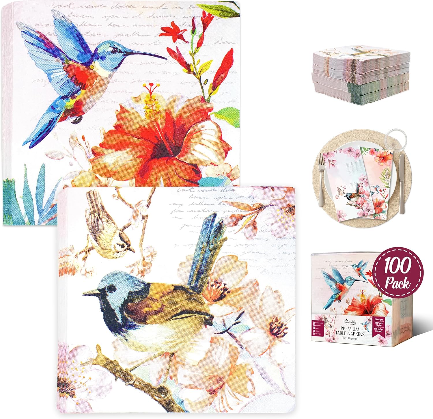Decorably 100 Pack 3-Ply Disposable Cocktail Bird Napkins for Decoupage - 5x5in Folded Square 2 Designs for Beverage, Appetizers, Dinner, Tea & Garden Party, Bridal and Baby Shower, Birthday, Wedding
