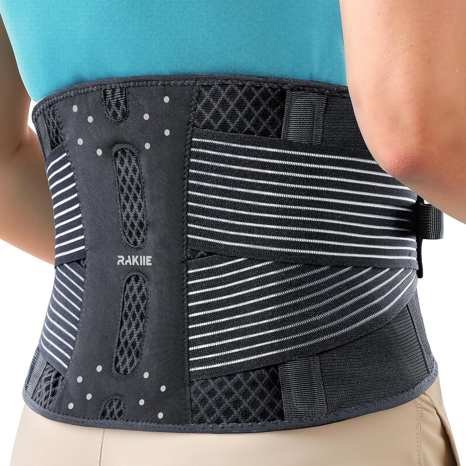 Rakiie Slim Back Brace for Lower Back Pain Relief, Lightweight & Breathable Back Support Brace for Men Women, Ergonomic Light Lumbar Support for Everyday Wear, Light Gray M