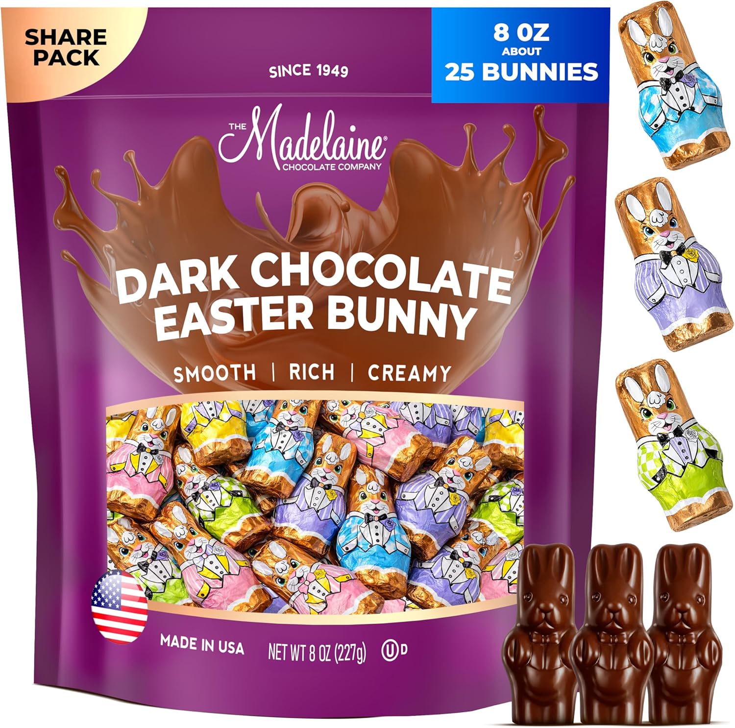Madelaine Dark Chocolate Mini Bunnies – Solid Premium Dark Chocolate Easter Treats – Individually Wrapped Foil Bunny Chocolates for Easter Baskets, Candy Bowls & Gifting (1/2 LB Bag)