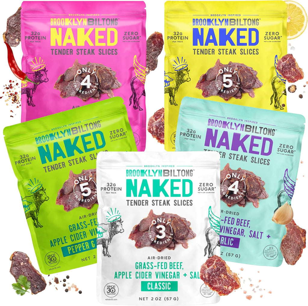 Brooklyn Biltong Five Flavor Variety Pack (2 oz, Pack of 5), Tender Slices Steak Snack, 32g Grass Fed Protein Per Pack, Beef Jerky Alternative – Sugar Free, Gluten Free, Paleo, Keto