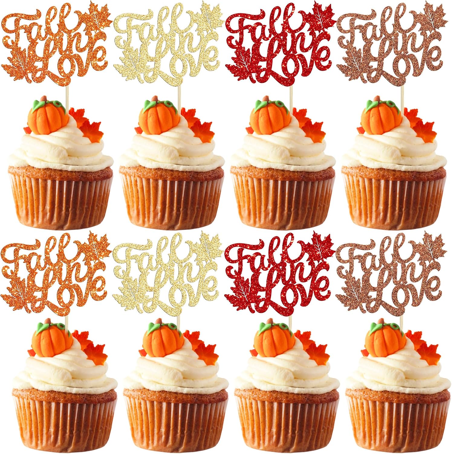 Gyufise 24Pcs Fall in Love Cupcake Toppers Multi Glitter Fall Bridal Shower Cupcake Picks Wedding Cupcake Toppers Engagement Anniversary Birthday Party Cake Decorations Supplies