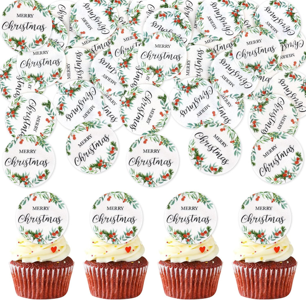 Ercadio 40 Pcs Edible Merry Christmas Cupcake Toppers Green Round Christmas Cupcake Drink Topper Picks for Xmas Eve New Year Holiday Party Cake Decorations Supplies