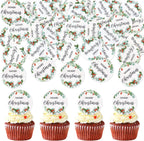Ercadio 40 Pcs Edible Merry Christmas Cupcake Toppers Green Round Christmas Cupcake Drink Topper Picks for Xmas Eve New Year Holiday Party Cake Decorations Supplies