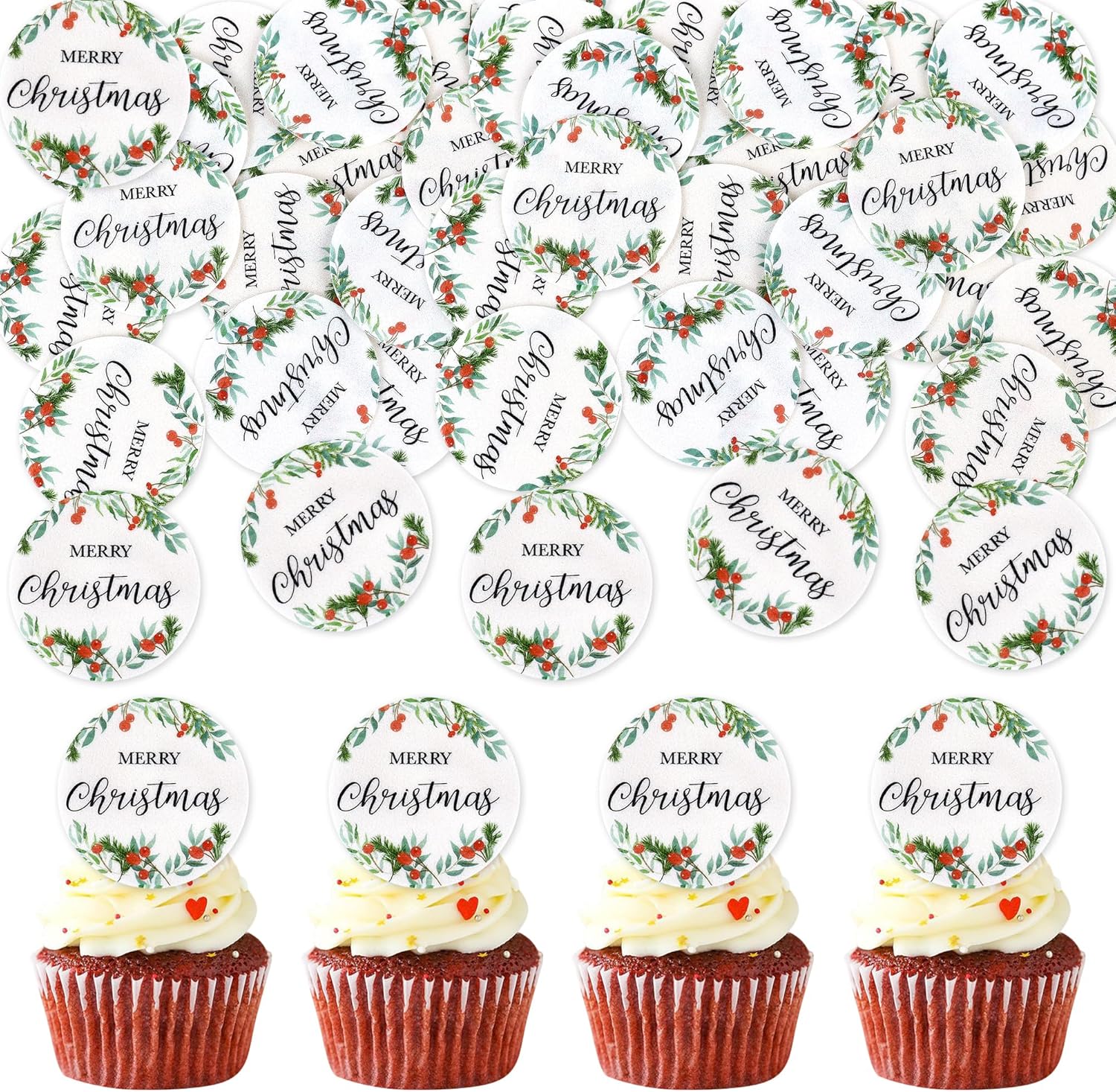 Ercadio 40 Pcs Edible Merry Christmas Cupcake Toppers Green Round Christmas Cupcake Drink Topper Picks for Xmas Eve New Year Holiday Party Cake Decorations Supplies