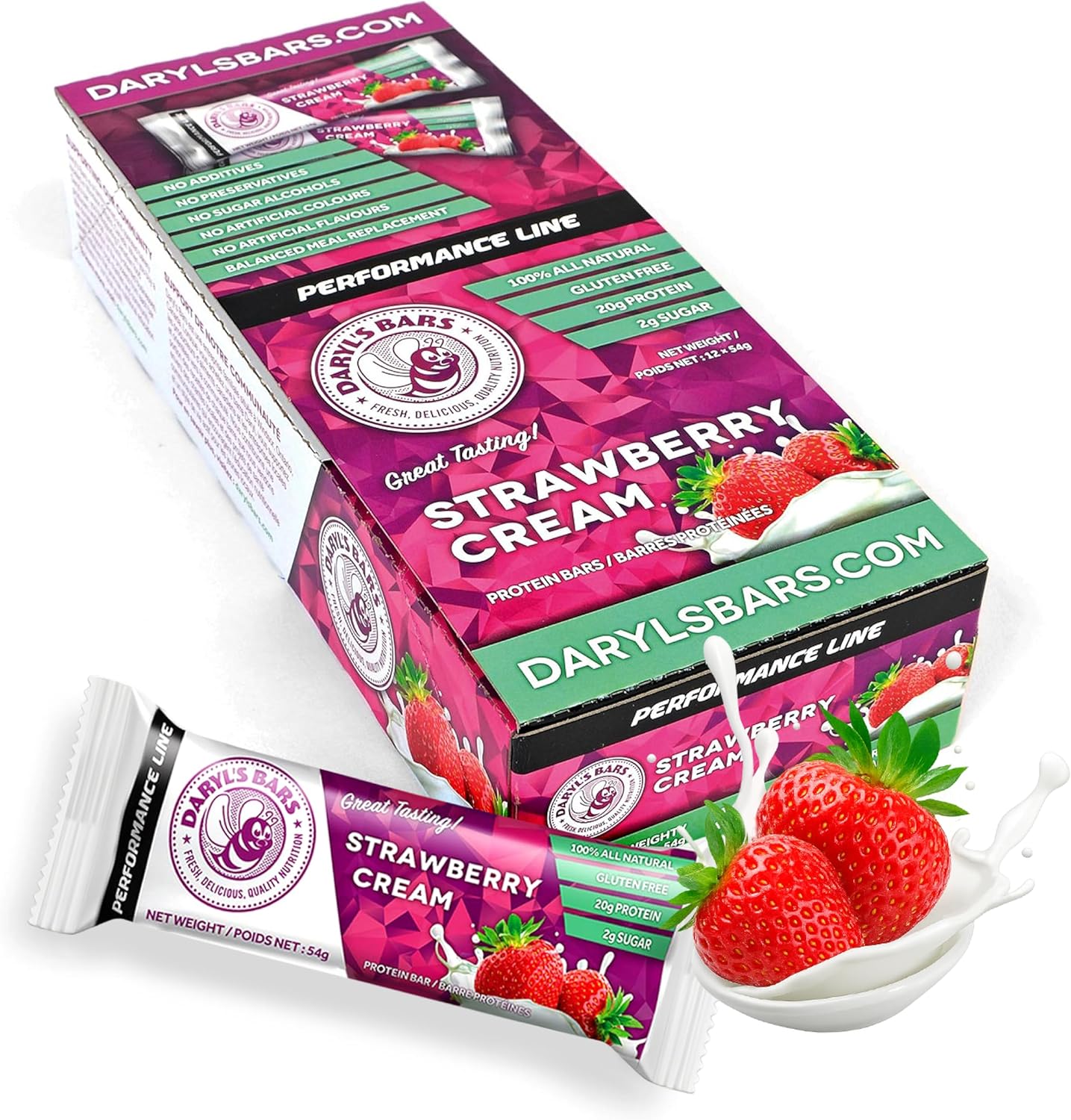 Daryl's Bars, Strawberry Cream On the Go Whey Protein Bars, Gluten Free, Low Sugar, 20gr of Protein Snack, Meal Replacement, Pack of 1