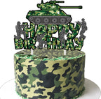 Camo Cake Topper Tank Birthday Cake Decoration Camouflage Happy Birthday Cake Decor for Army Soldier Military Theme Baby Shower Supplies