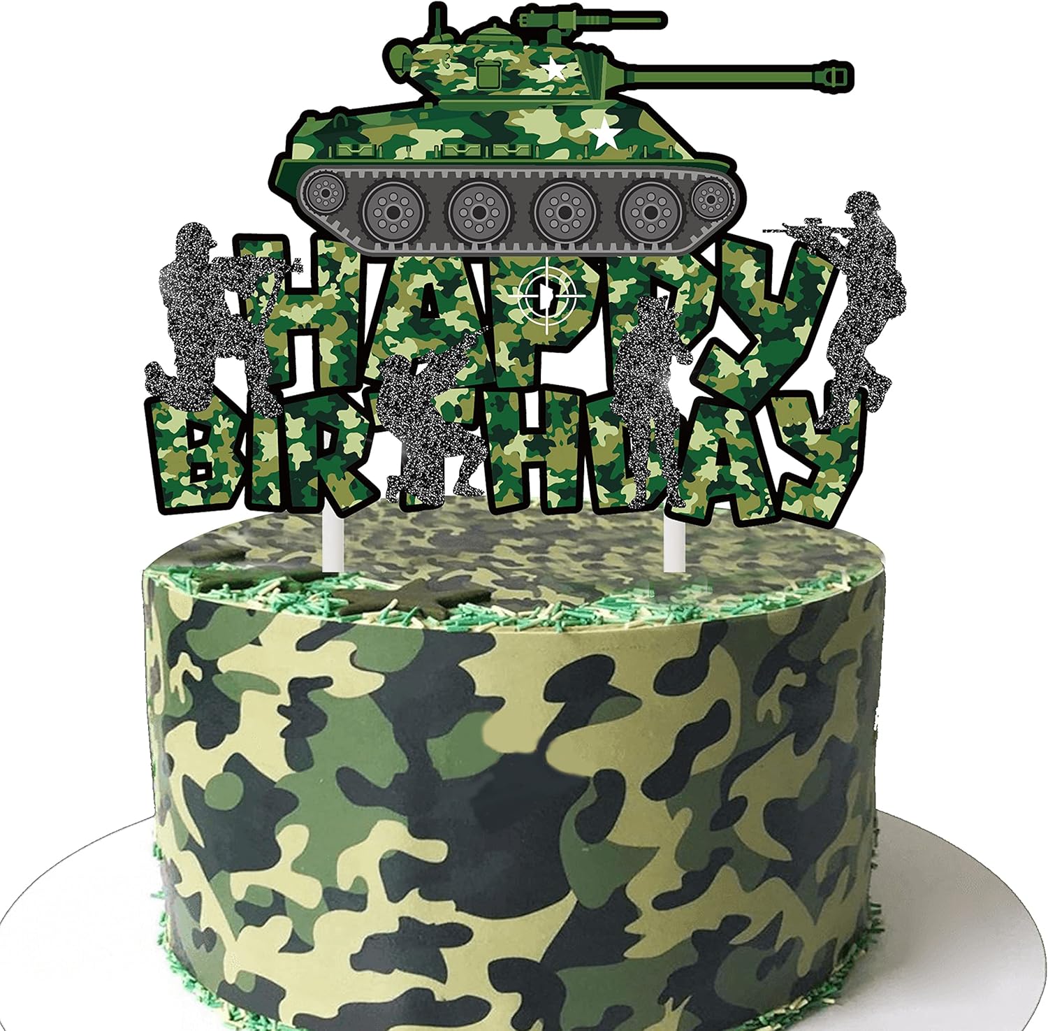 Camo Cake Topper Tank Birthday Cake Decoration Camouflage Happy Birthday Cake Decor for Army Soldier Military Theme Baby Shower Supplies