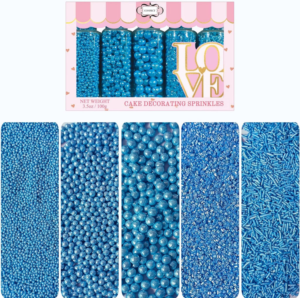 Confect Christmas Sprinkles – Assorted Pack of 5 (Friday Evening Party Bright Blue Mix with Dragees, Jimmies & Sparkling Sugar) | Edible Sprinkles for Cakes & Cupcake Decoration | Vegan, Gluten-Free, Nut-Free, Soy-Free, Dairy-Free, Palm Oil-Free- 5 Oz