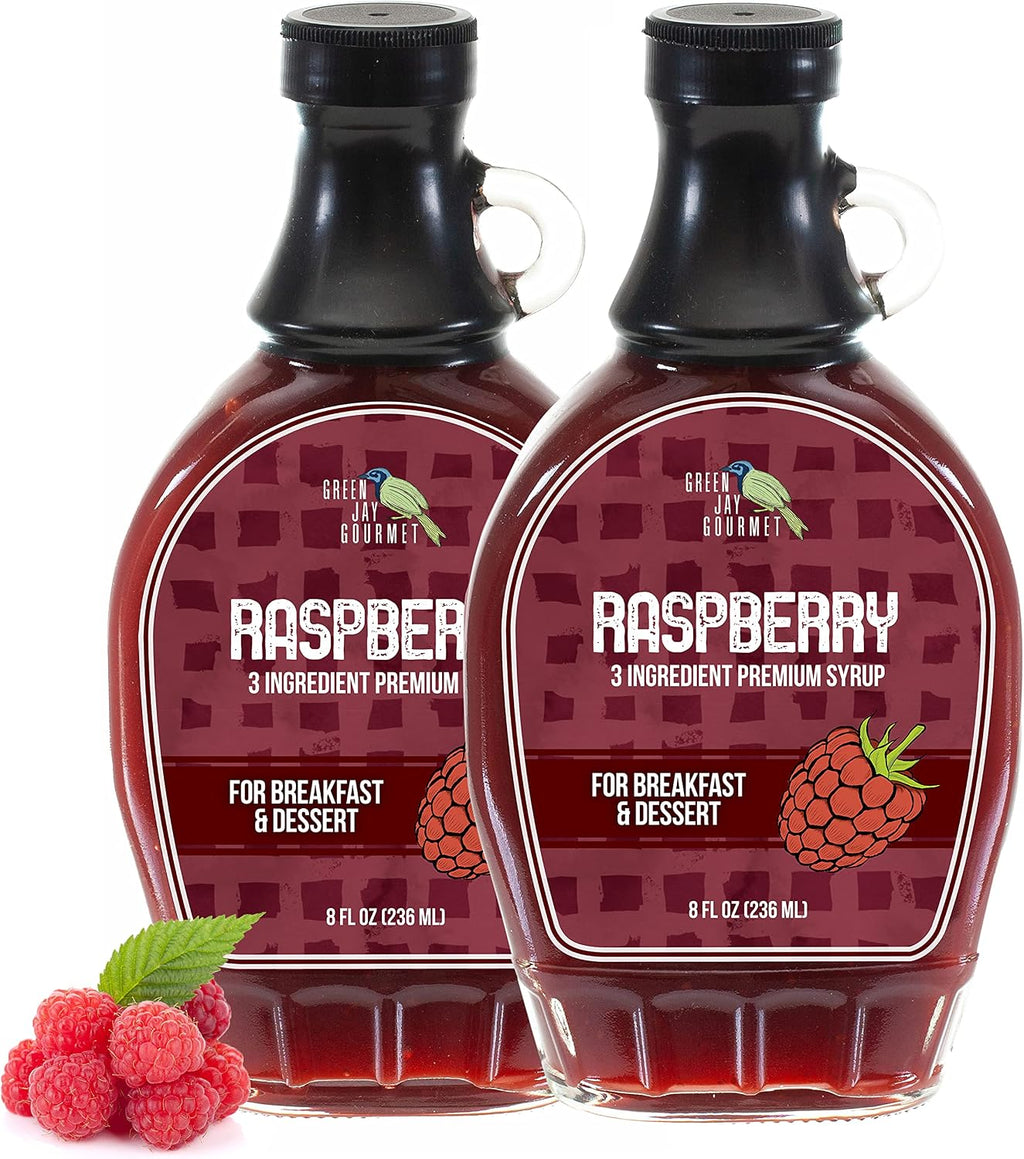 Green Jay Gourmet Raspberry Syrup - 3 Ingredient Premium Breakfast Syrup with Fresh Raspberries, Cane Sugar & Lemon Juice - All-Natural, Non-GMO Pancake Syrup, Waffle Syrup & Dessert Syrup - 2 x 8 Oz