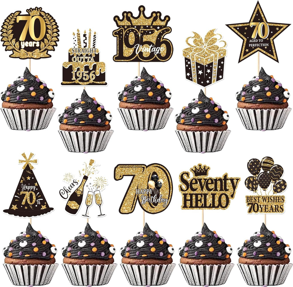 Rsstarxi 40 Pack Happy 70th Birthday Cupcake Toppers Cheers to 70 years Cupcake Picks 70th Birthday Decorations for Women Men 70th Anniversary Black and Gold Wedding Party Cake Decorations Supplies