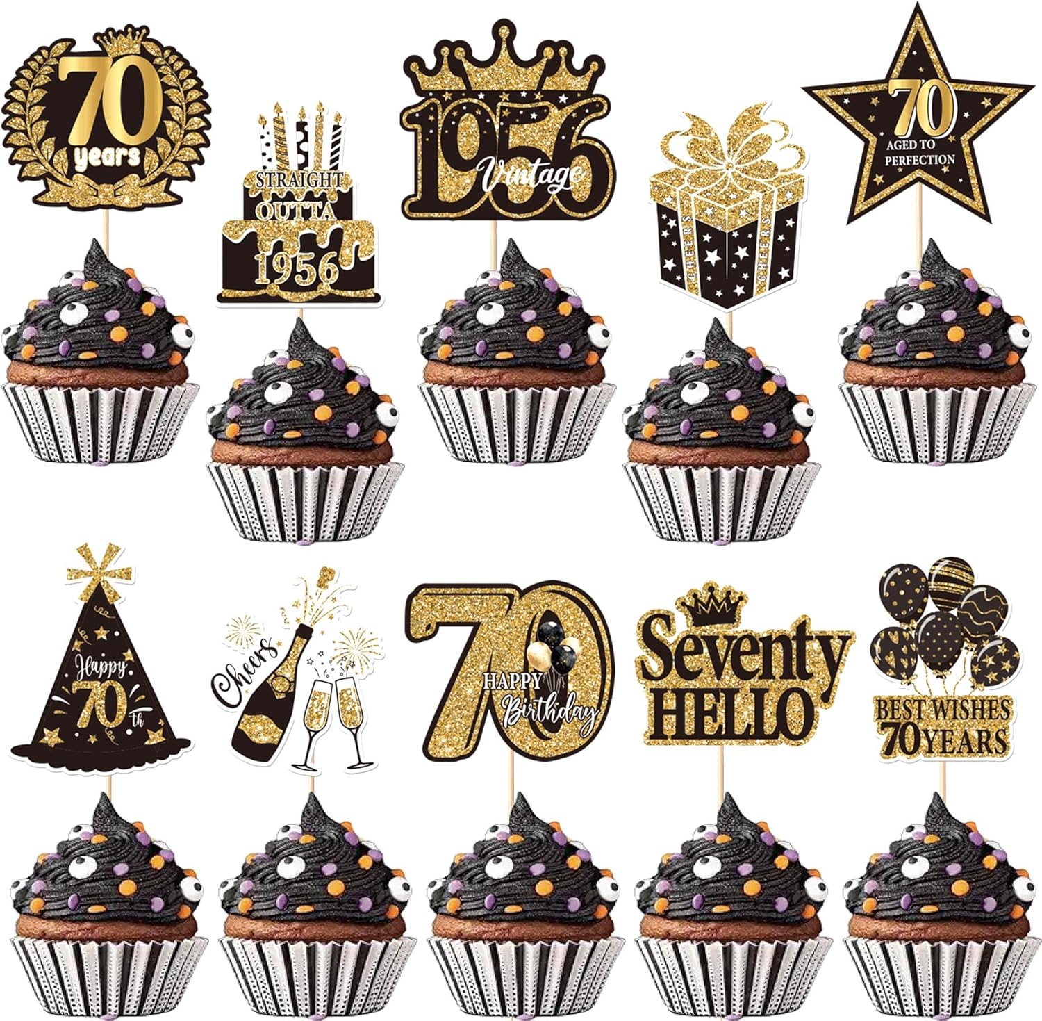 Rsstarxi 40 Pack Happy 70th Birthday Cupcake Toppers Cheers to 70 years Cupcake Picks 70th Birthday Decorations for Women Men 70th Anniversary Black and Gold Wedding Party Cake Decorations Supplies