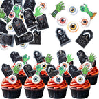 60 Pack Edible Halloween Tombstone Zombie Horrible Cupcake Toppers Zombie Hands Rice Paper Wafer Paper Cupcake Picks for Halloween Eyeballs Baby Shower Kids Birthday Cake Decorations Party Supplies