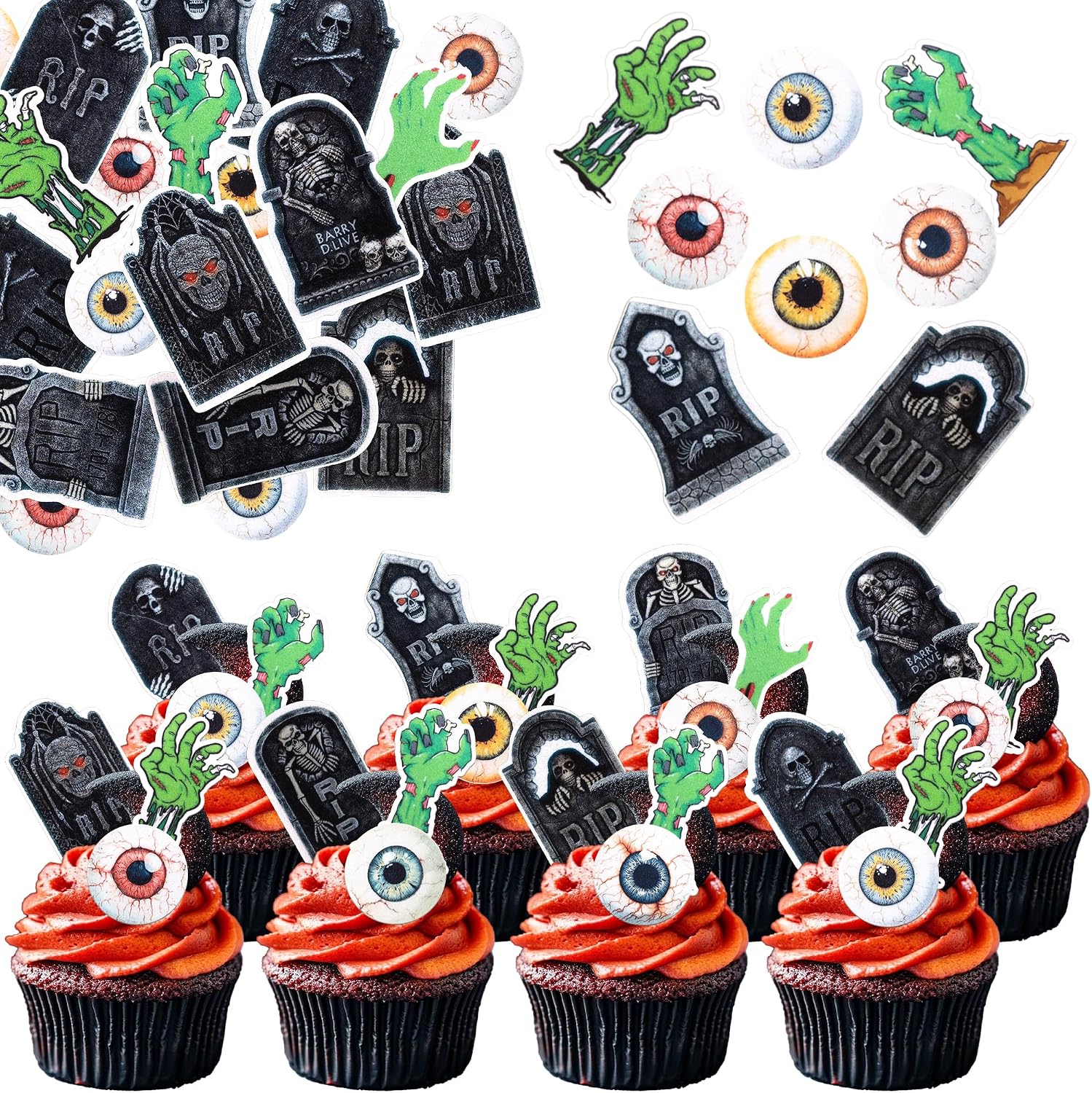 60 Pack Edible Halloween Tombstone Zombie Horrible Cupcake Toppers Zombie Hands Rice Paper Wafer Paper Cupcake Picks for Halloween Eyeballs Baby Shower Kids Birthday Cake Decorations Party Supplies