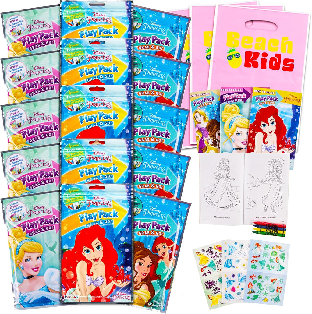 Set Of 15 Princess Play Packs Fun Party Favors Coloring Book Crayons Stickers Plus Loot Bags, Door Hanger