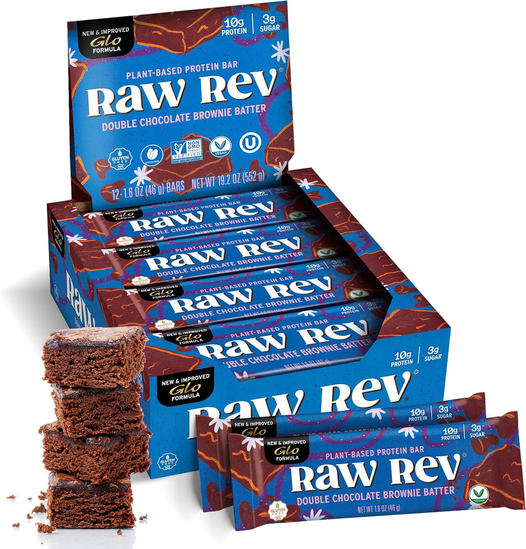 Raw Rev Vegan Protein Bars- Double Chocolate Brownie Batter, 12 bars, Non-GMO, Plastic-Neutral, Nothing Artificial, Glo Formula, Gluten-Free, Keto-Friendly, Paleo, Kosher, No Sugar Alcohols, No Stevia.