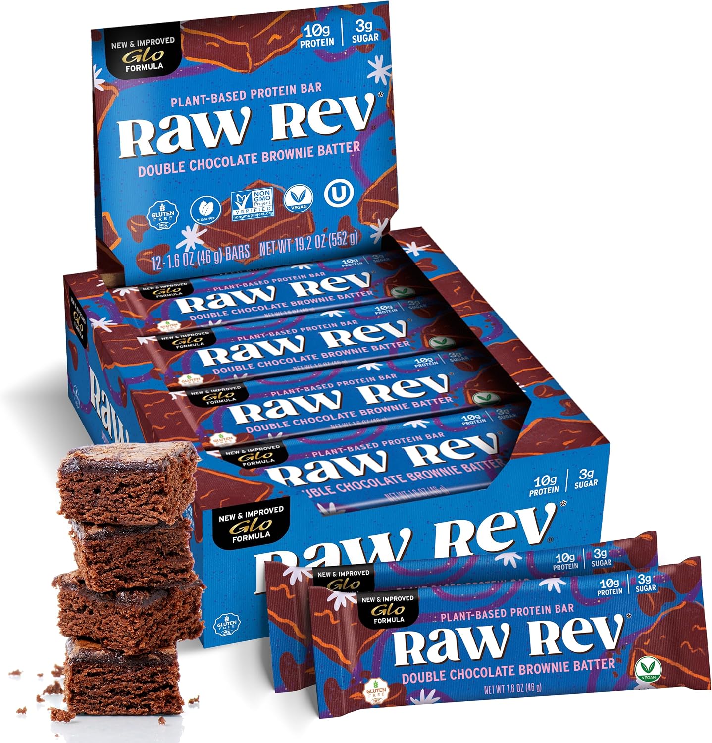 Raw Rev Vegan Protein Bars- Double Chocolate Brownie Batter, 12 bars, Non-GMO, Plastic-Neutral, Nothing Artificial, Glo Formula, Gluten-Free, Keto-Friendly, Paleo, Kosher, No Sugar Alcohols, No Stevia.