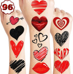 96PCS Red Heart Pre Cut Temporary Tattoos Themed Birthday Party Decorations Supplies Favors Decor Valentine Love Tattoo Stickers Gifts For Game Boys Girls Classroom School Prizes Couple Anniversary