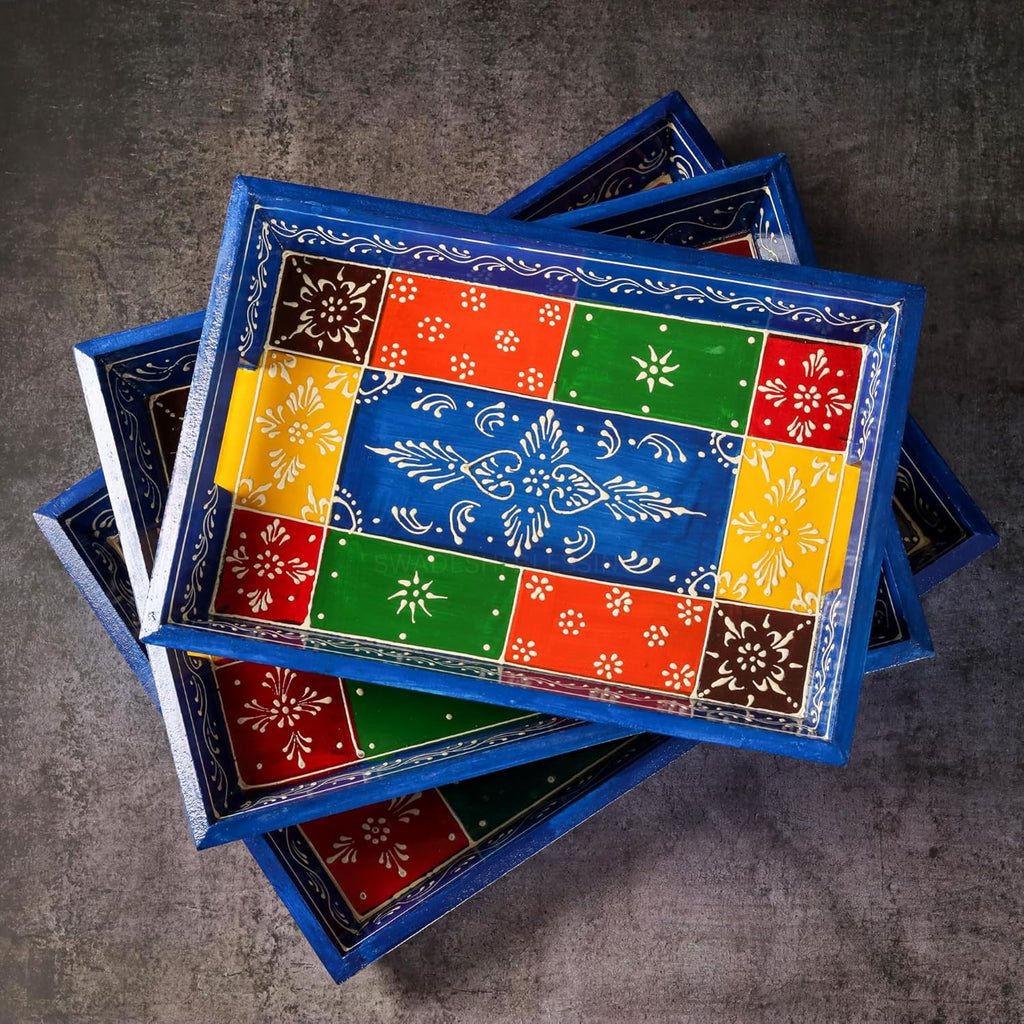 Swadeshi Blessings Wooden Serving Tray Set- Handcrafted & Hand-Painted for Kitchen/Table & Home Decor/Dinning/Gifts/Restaurants/Living Room/Coffee Table (Set of 3 Trays) (Blue)