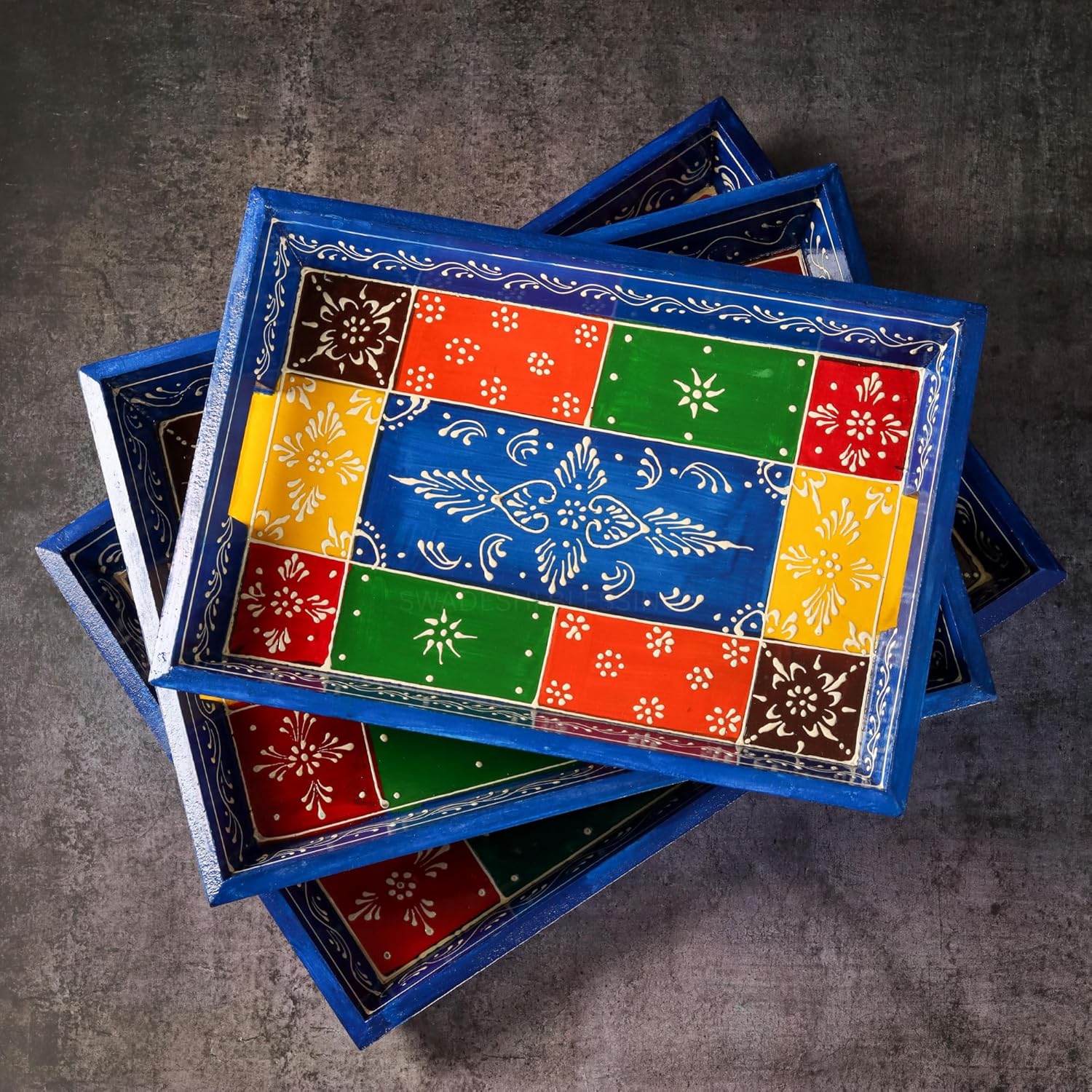 Swadeshi Blessings Wooden Serving Tray Set- Handcrafted & Hand-Painted for Kitchen/Table & Home Decor/Dinning/Gifts/Restaurants/Living Room/Coffee Table (Set of 3 Trays) (Blue)