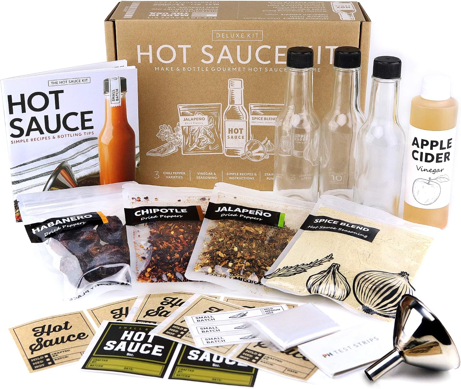 Unique Gift for Men, Deluxe Hot Sauce Making Kit, 3 Varieties of Chili Peppers, Gourmet Spice Blend, 3 Bottles, 16 Fun Labels, Make your own sauce, Nice Gift For Dad, Brother, Uncle, Guys. (Deluxe Kit)