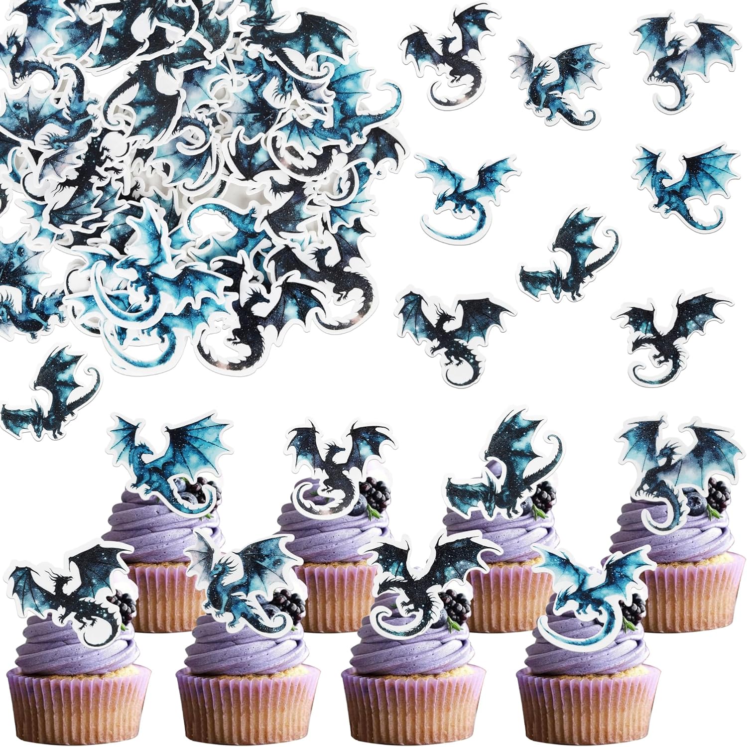 48 PCS Edible Dragon Cupcake Toppers Wafer Paper Fantasy Cool Dragon Party Cake Decorations Edible Dinosure Cake Toppers for Medieval Dragon Theme Baby Shower Birthday Party Decorations Supplies