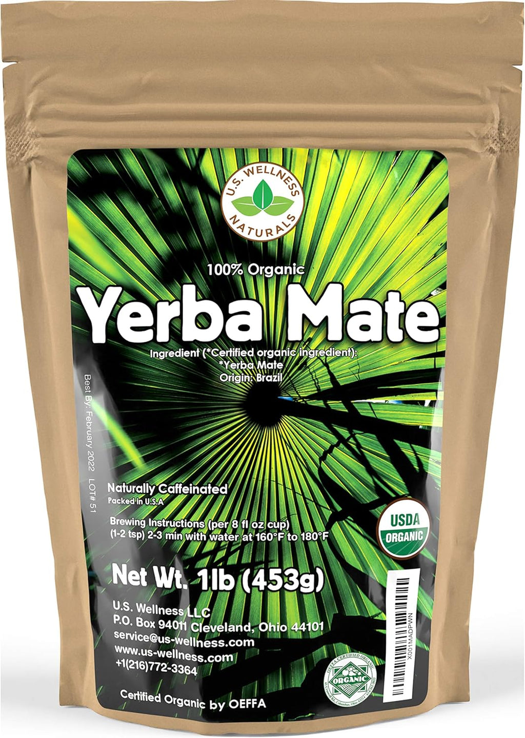 Yerba Mate Tea 1LB (16Oz) HI-CAFFEINE 100% CERTIFIED Organic SUPER-GREEN Yerba Mate | NO Dust | FRESH - NEVER Aged (Ilex Paraguariensis) | Brazilian Rain Forest Grown from U.S. Wellness Naturals